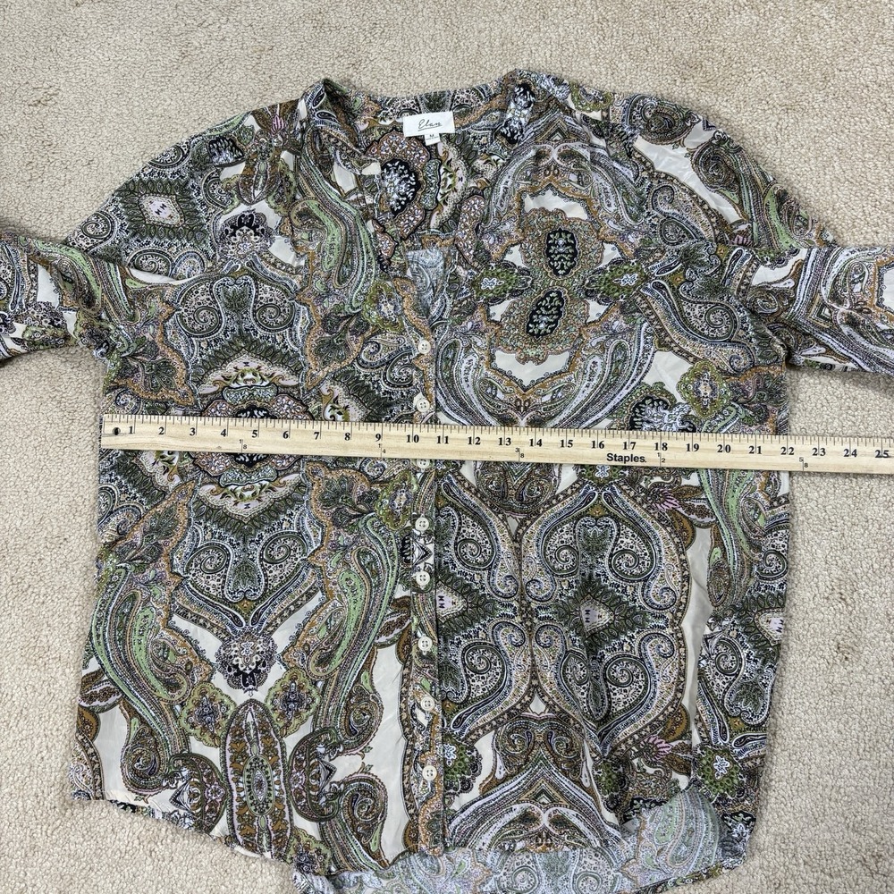 Elan M Blouse Peasant Brown Yellow Tan Paisley Tie Neck Long Sleeve Boho Artsy - Picture 6 of 8